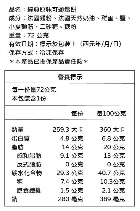 營養標示 經典原味